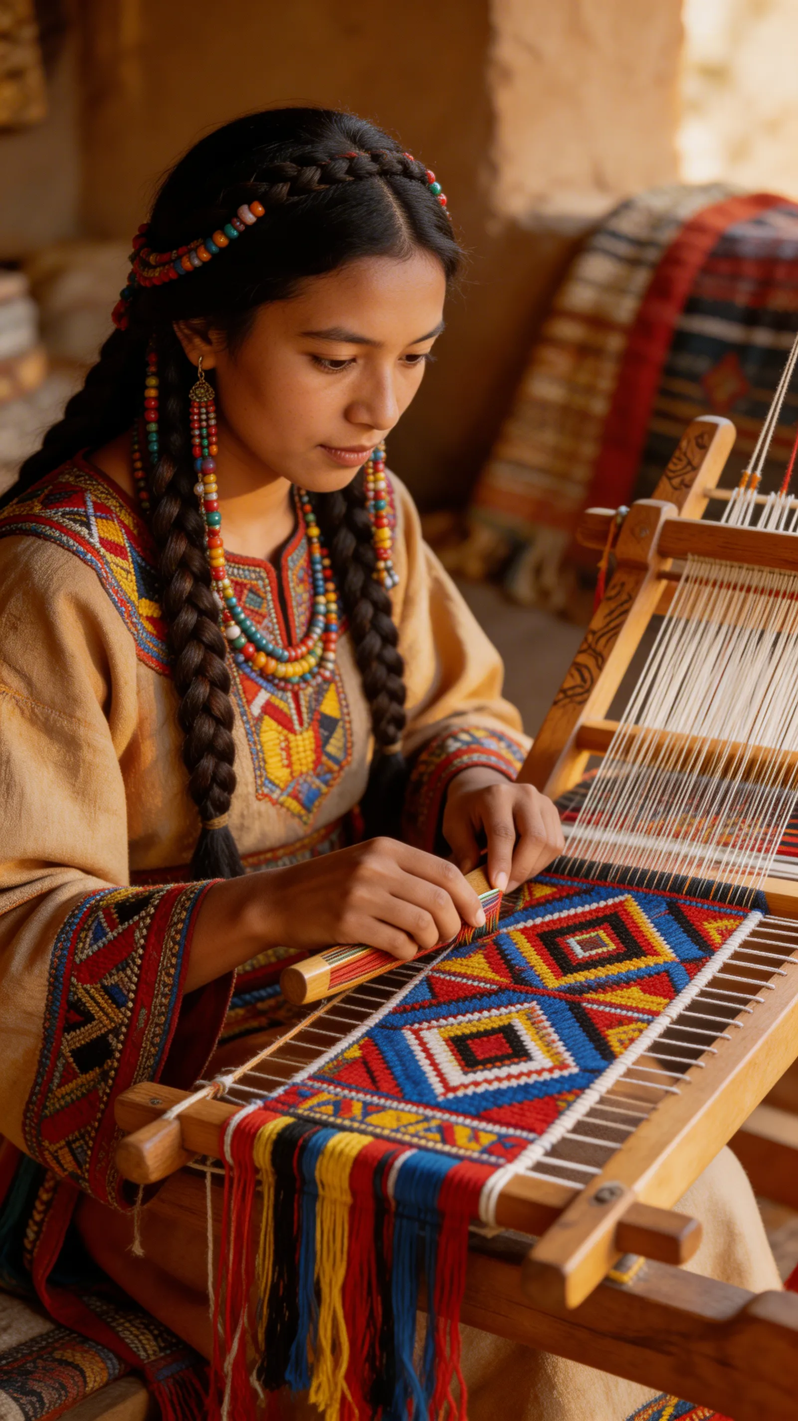 A beautifully composed photograph of a stunning Indigenous woman weaving complex, colorful geometric patterns on a traditional wooden loom.