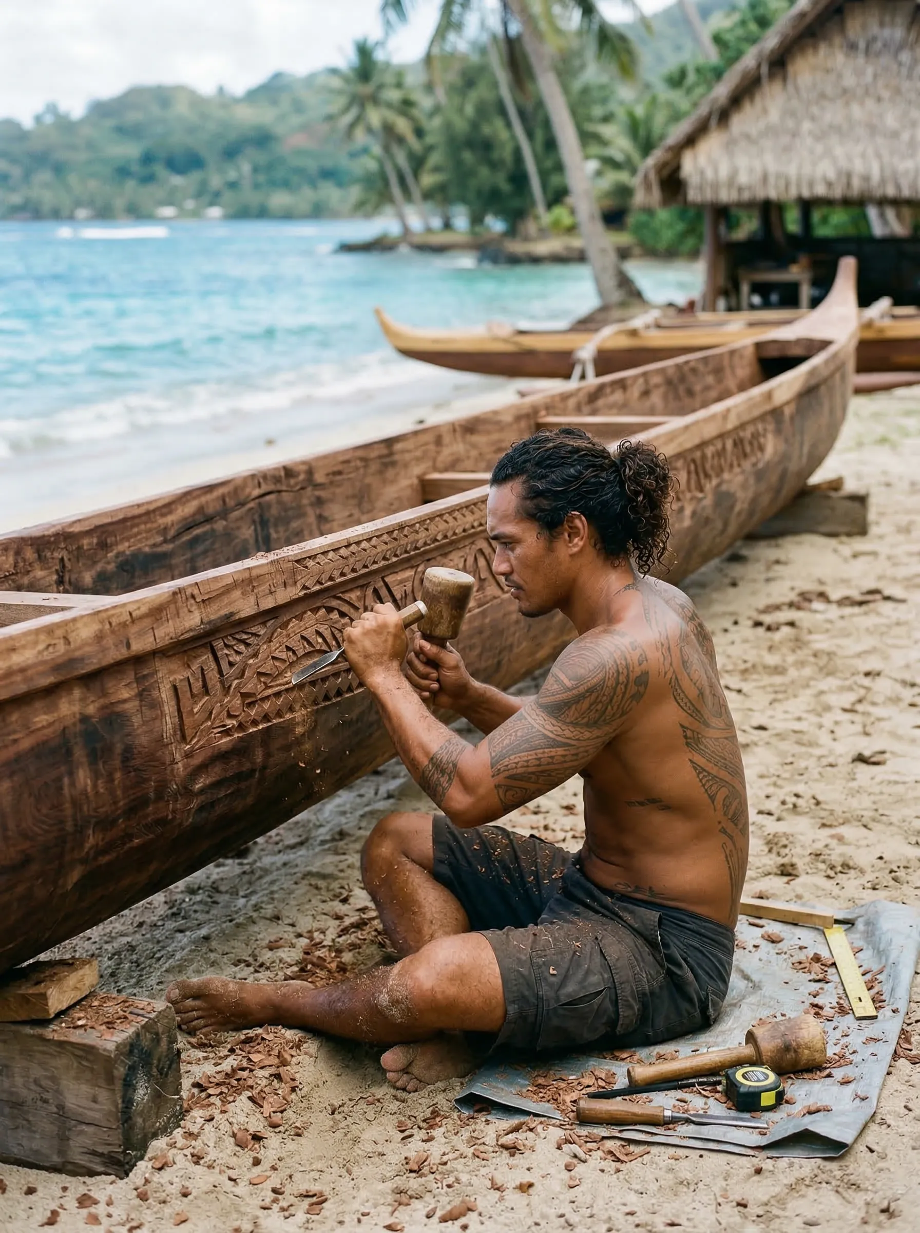 A candid documentary-style photo of an attractive Polynesian man carefully carving the hull of a large wooden outrigger canoe on a sandy beach.