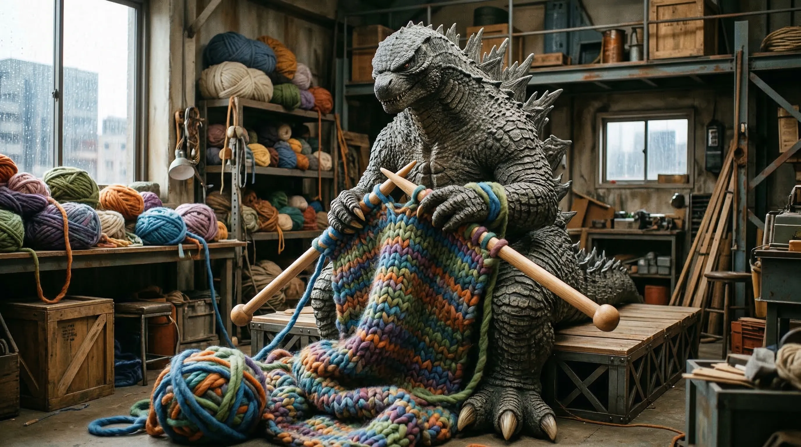 A candid photo of Godzilla carefully trying to knit a massive sweater.