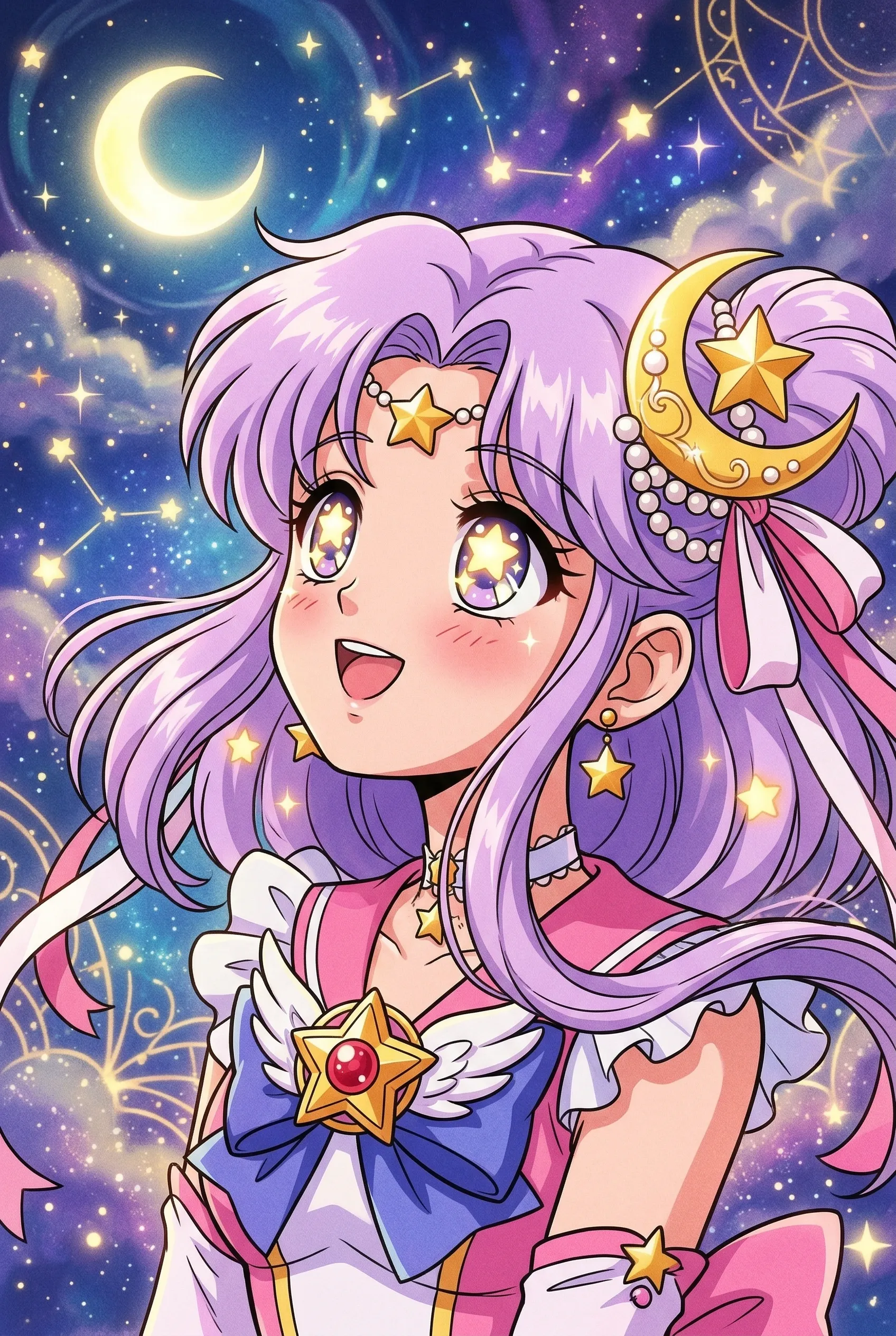 A 90s anime style portrait of a cute magical girl looking upward with glowing stars in her eyes.