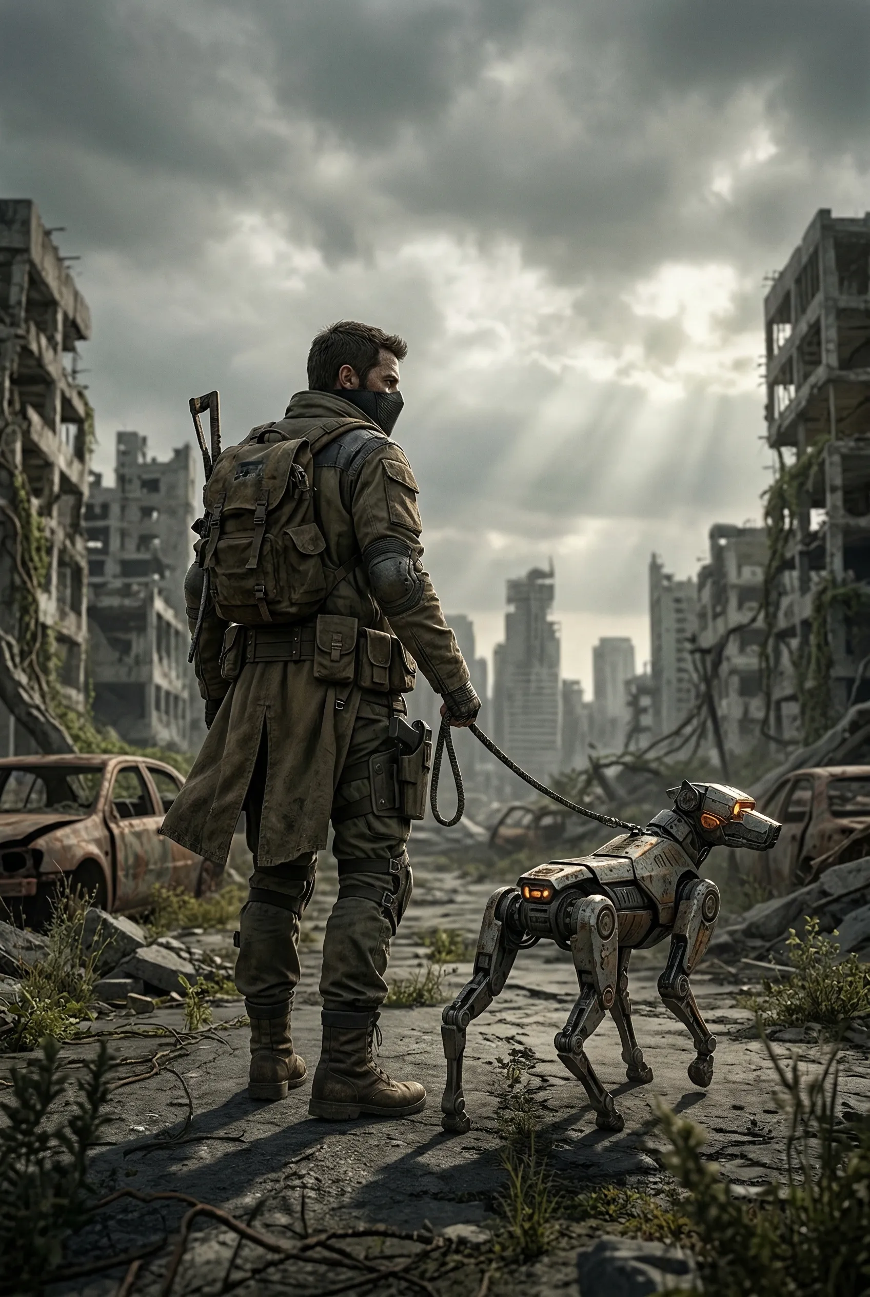 A photorealistic concept art of a post-apocalyptic survivor walking a robotic dog through ruins.