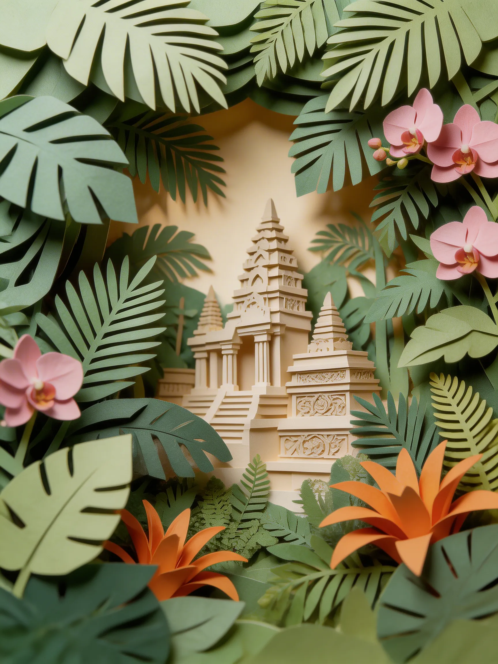 A beautifully intricate papercraft artwork showing a dense tropical jungle with a hidden temple.
