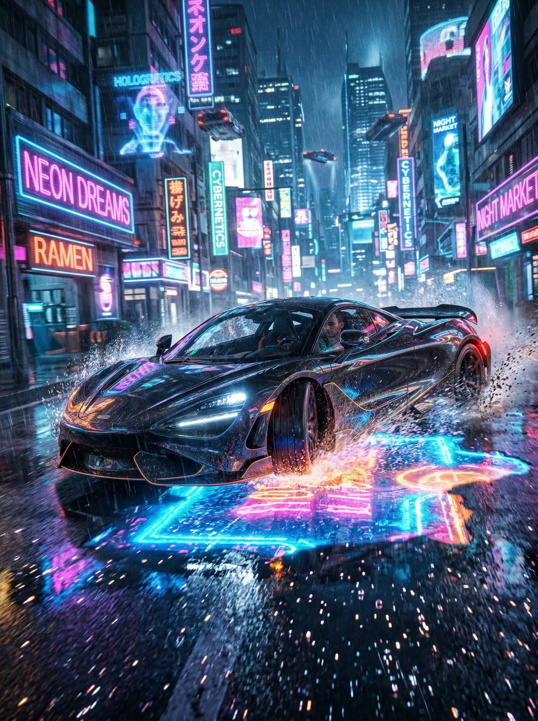 A dynamic hyper-realistic shot of a sports car splashing through a glowing cyberpunk puddle.