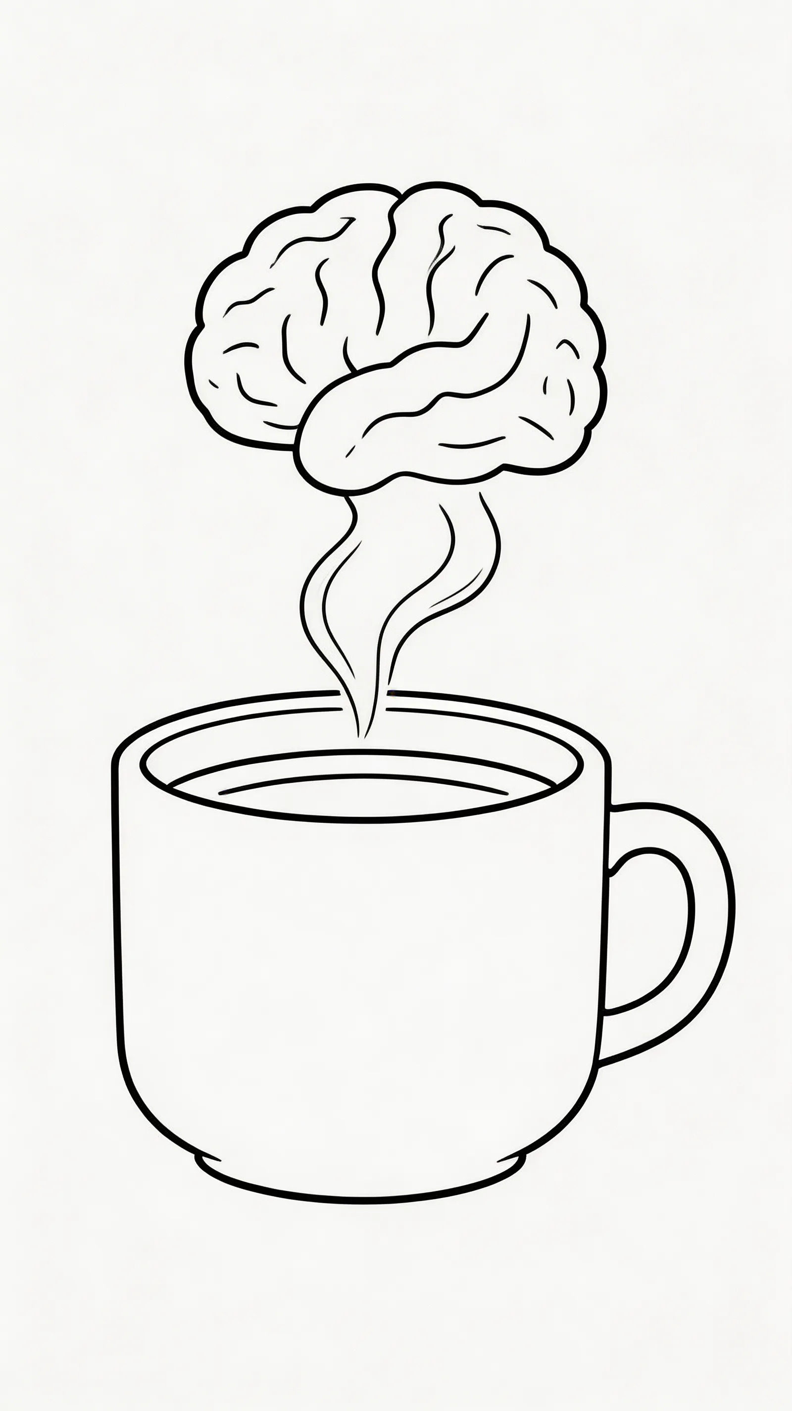 A minimalist line art illustration of a coffee cup where the steam forms the shape of a brain.