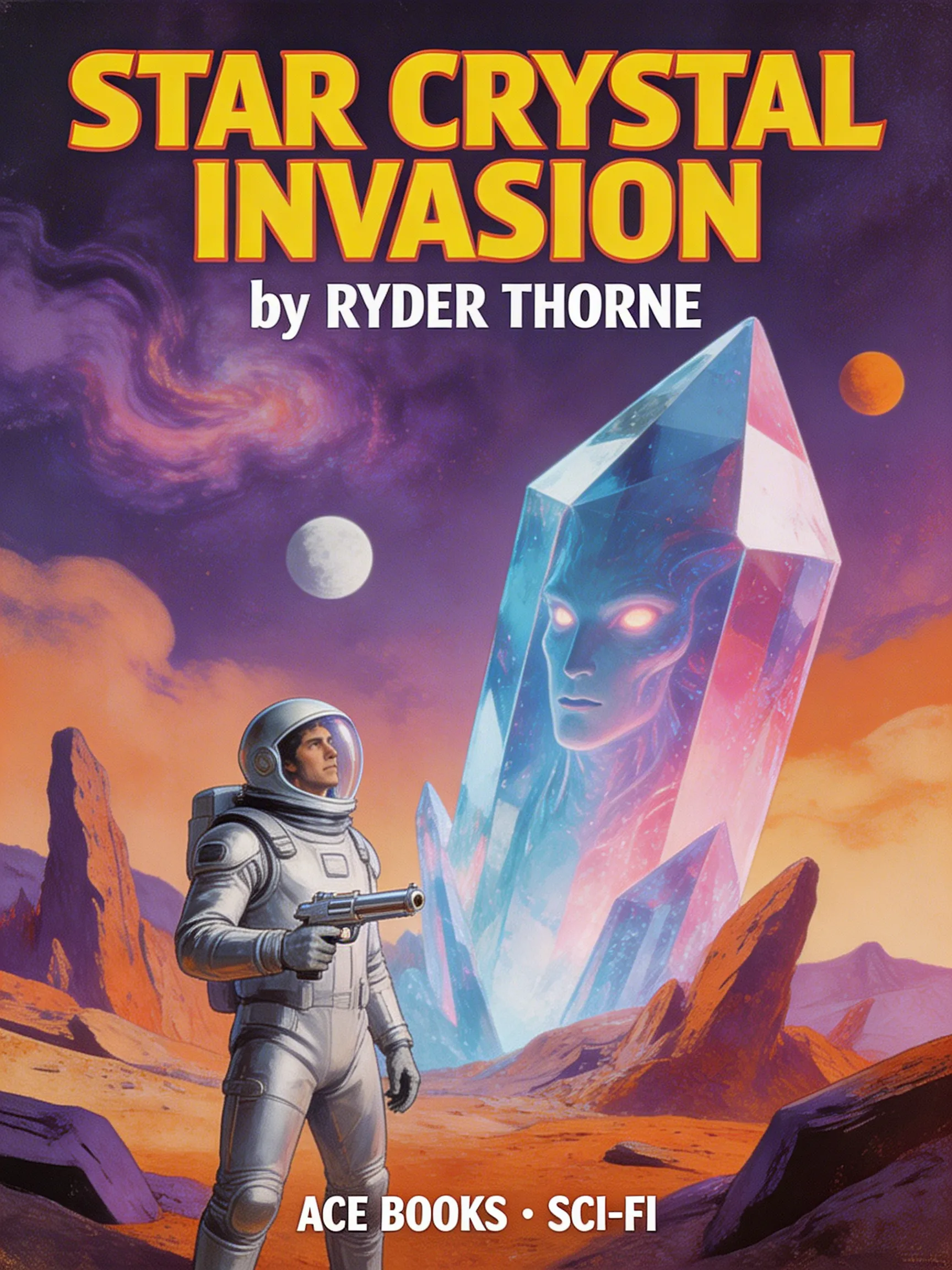 A vintage 1970s sci-fi paperback cover art featuring a lone explorer facing a giant crystal alien.