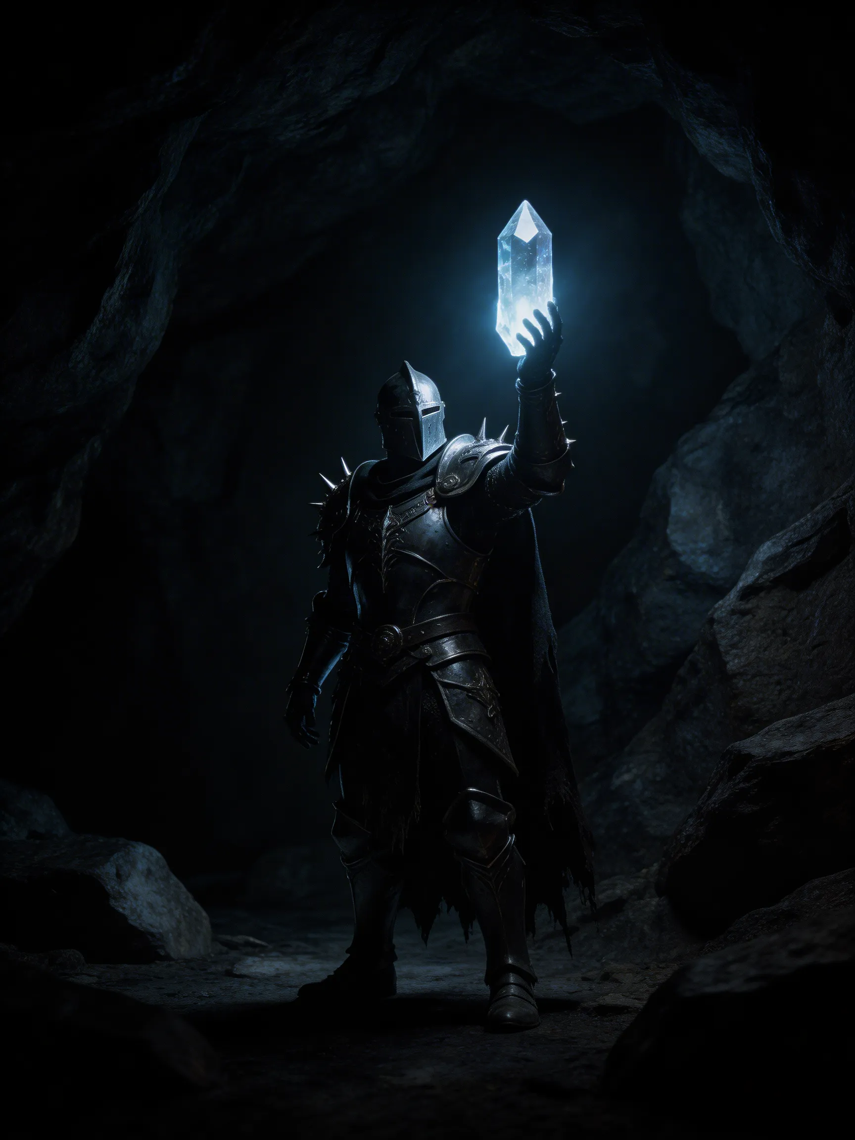 A dark fantasy knight holding up a glowing magical crystal in a completely dark cavern.