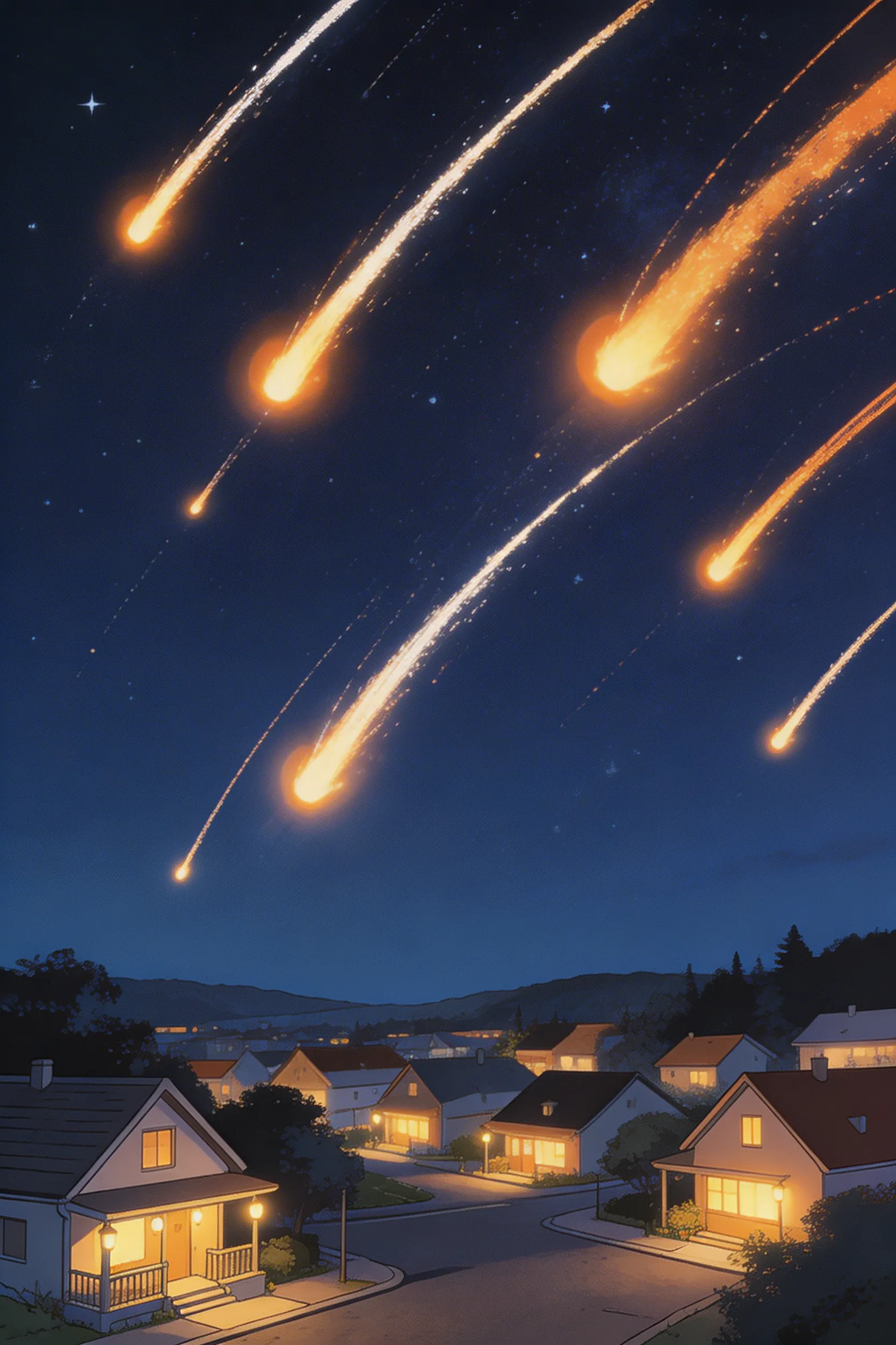 A 90s anime style dramatic wide shot of a meteor shower lighting up the night sky over a quiet town.