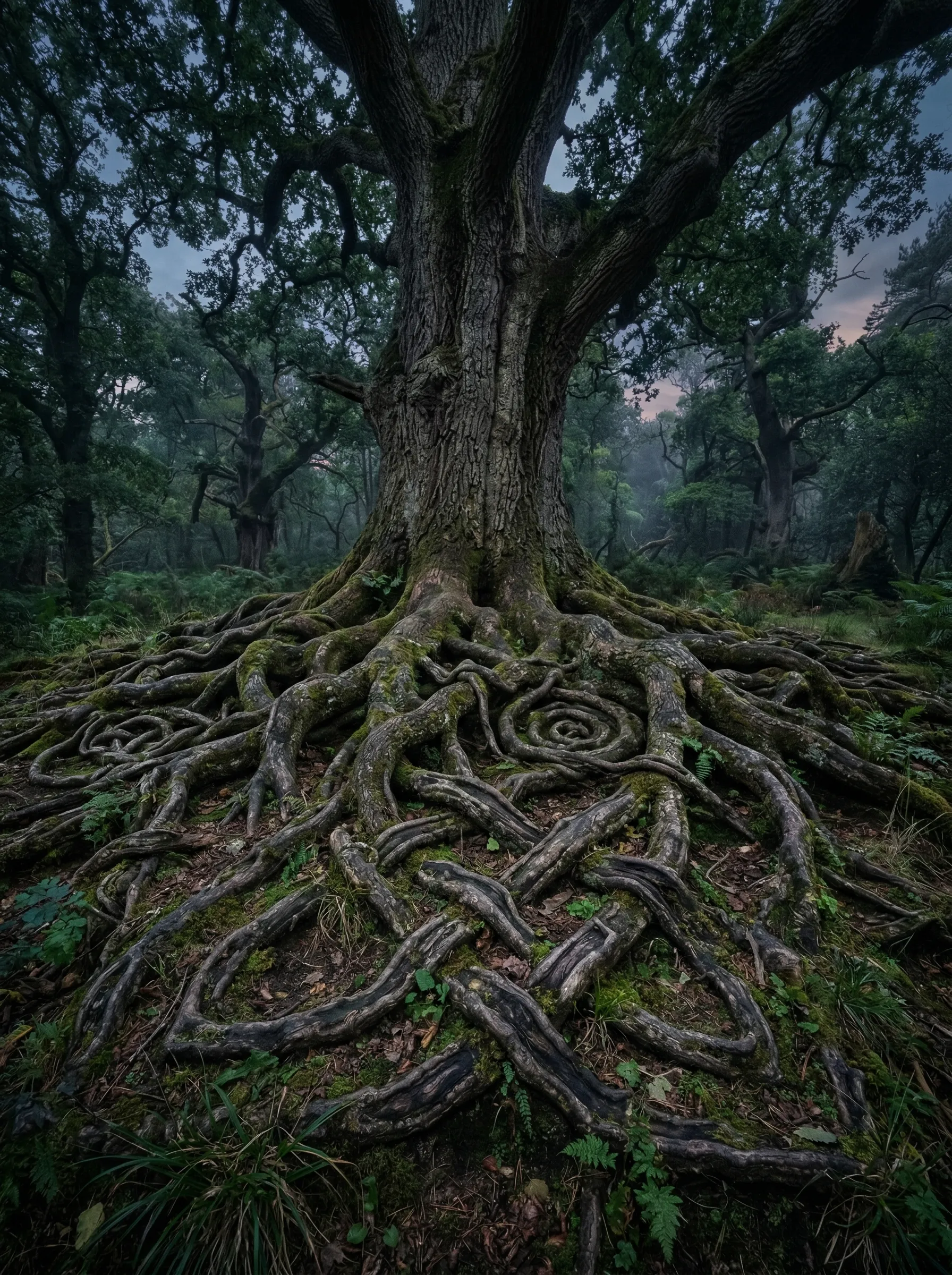 A photorealistic rendering of a giant ancient tree whose roots form complex Celtic knots.