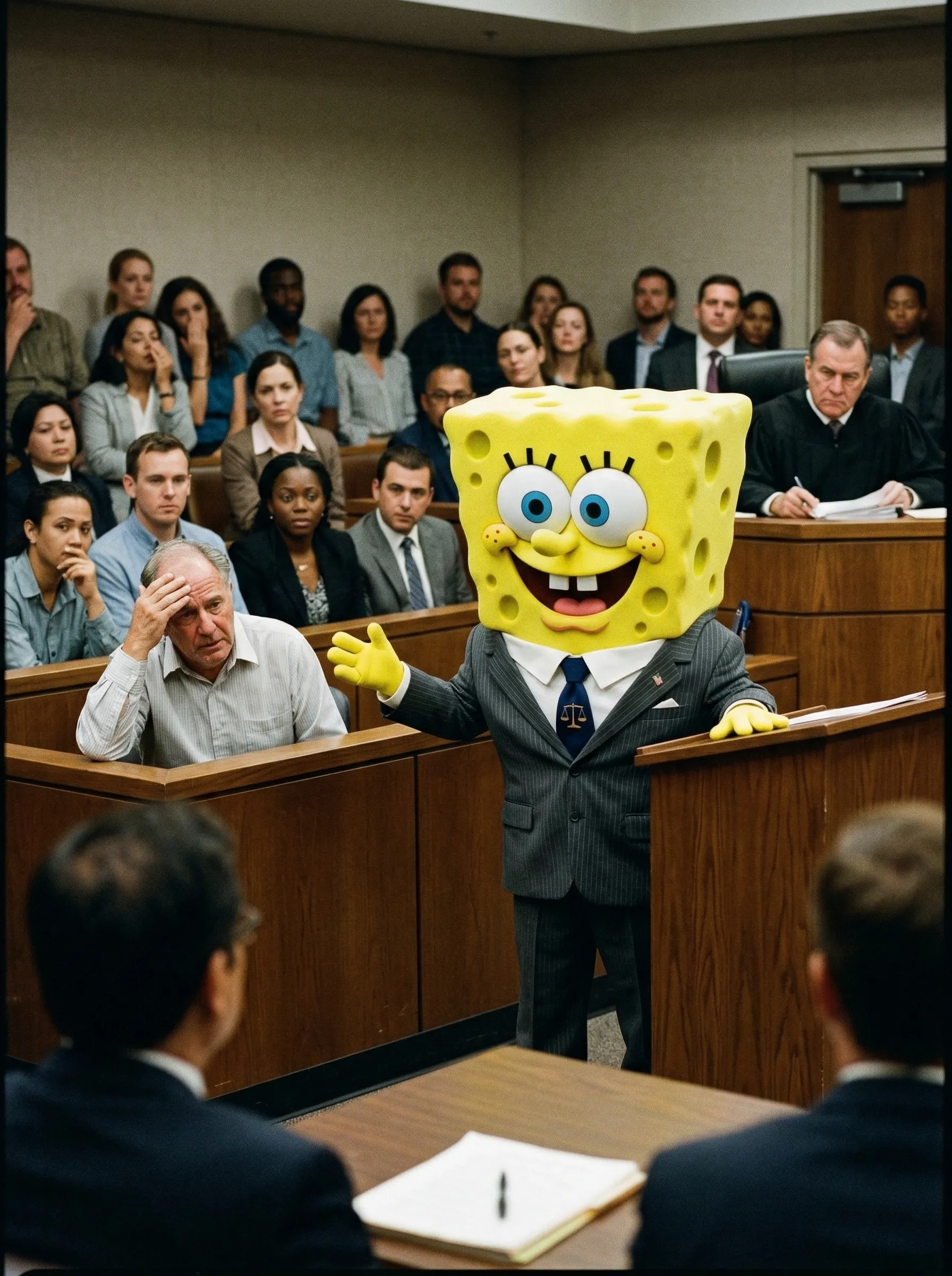 A candid photo of SpongeBob serving as a lawyer in a real world, tense courtroom.