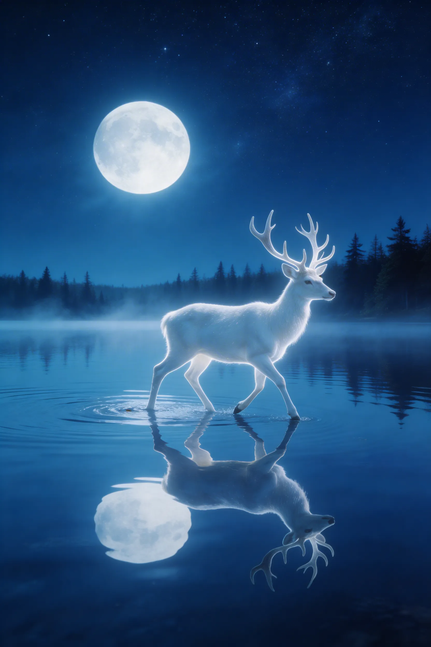 A majestic white stag walking across a calm lake surface, glowing faintly under the moonlight.