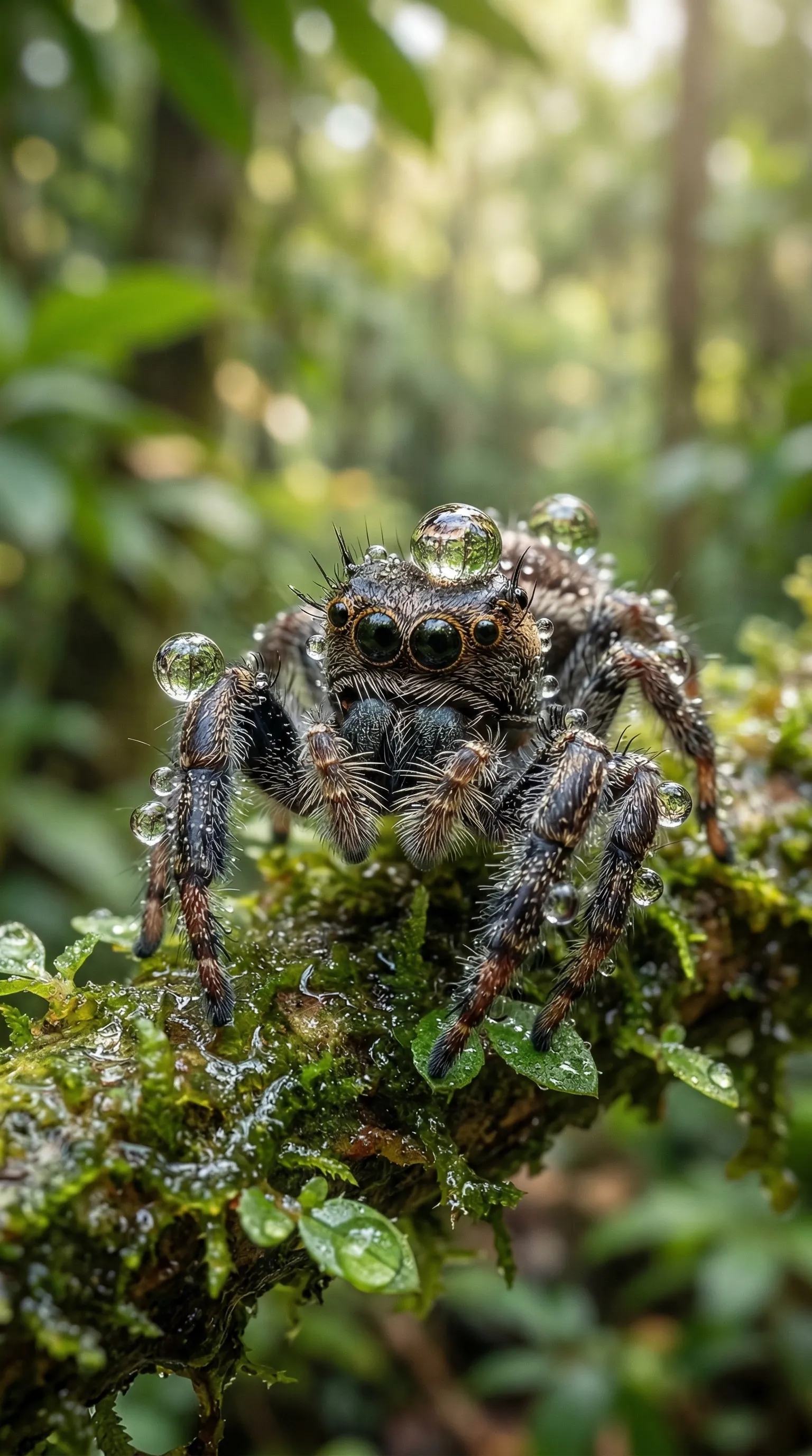 A highly detailed macro photo of a tiny jumping spider with water droplets perfectly reflecting the landscape.