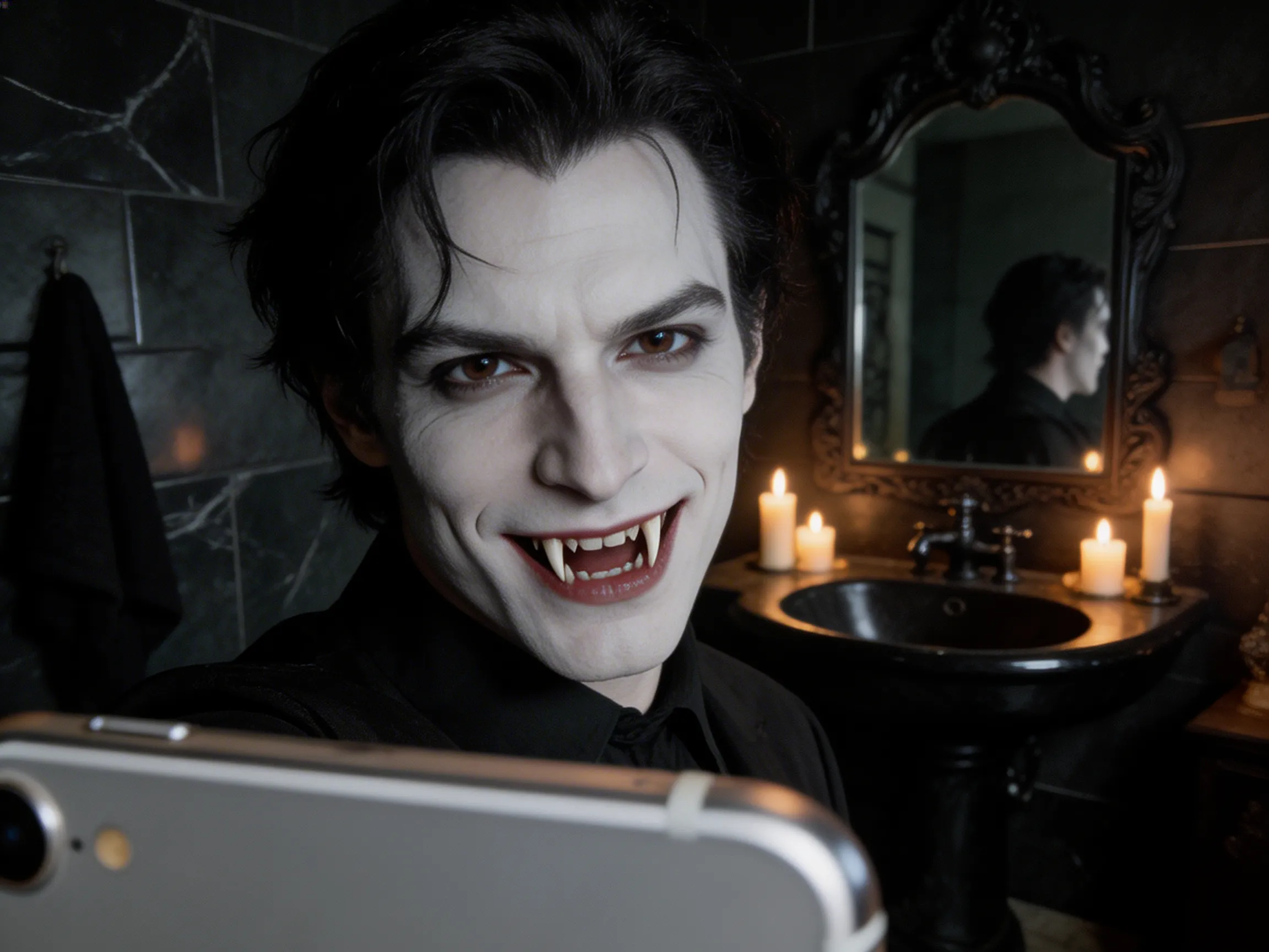 A candid iPhone selfie of a vampire showing off his fangs in a dimly lit gothic bathroom.