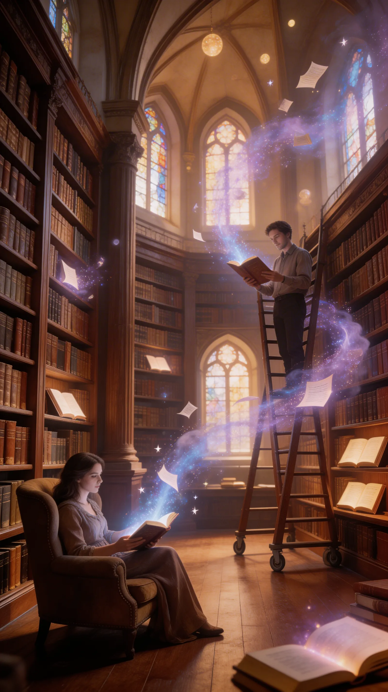 A surreal image of a library where reading the books makes the pages turn into real swirling magic.