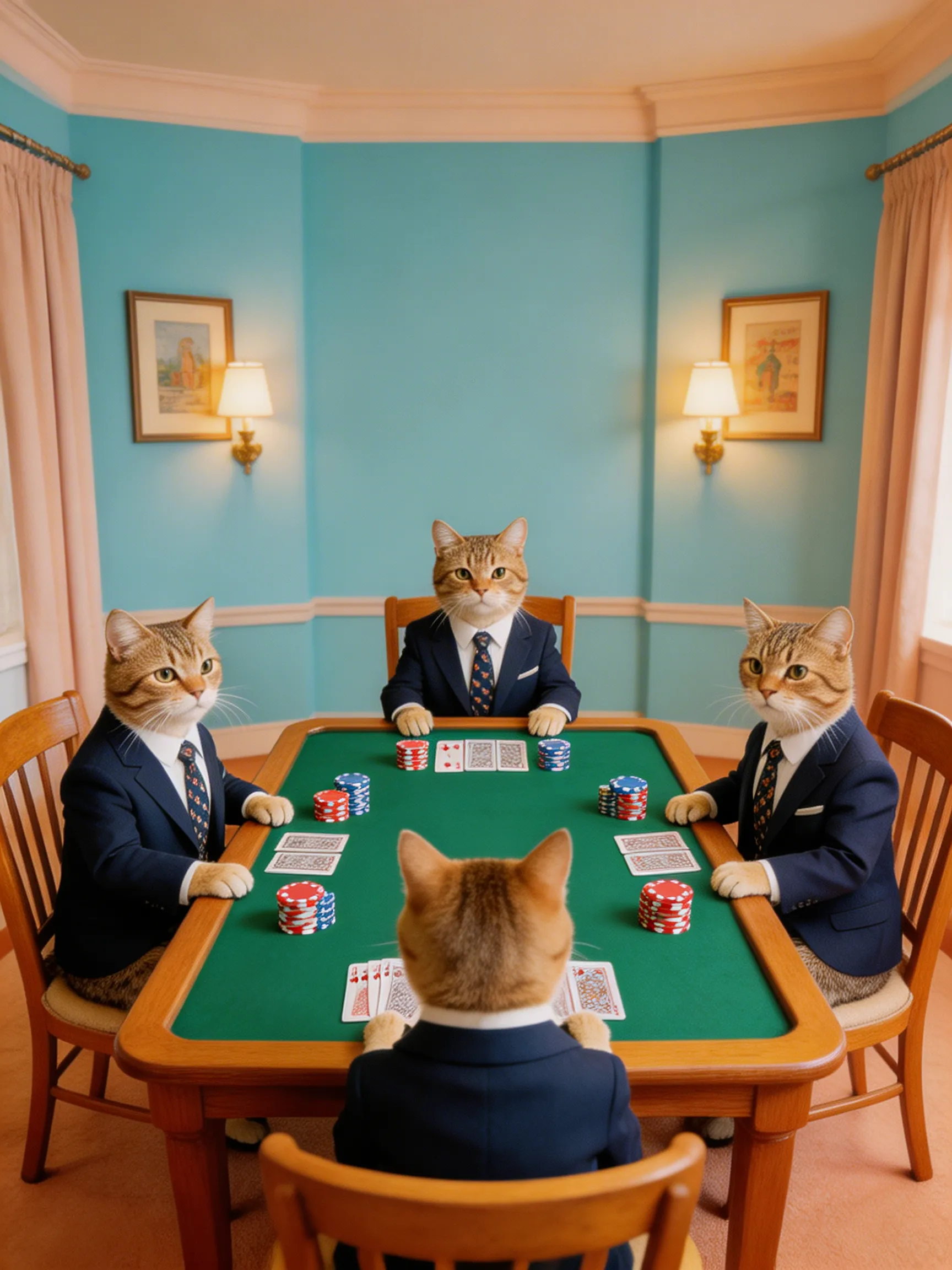 A Wes Anderson style symmetrical shot of four cats wearing tailored suits sitting at a poker table.