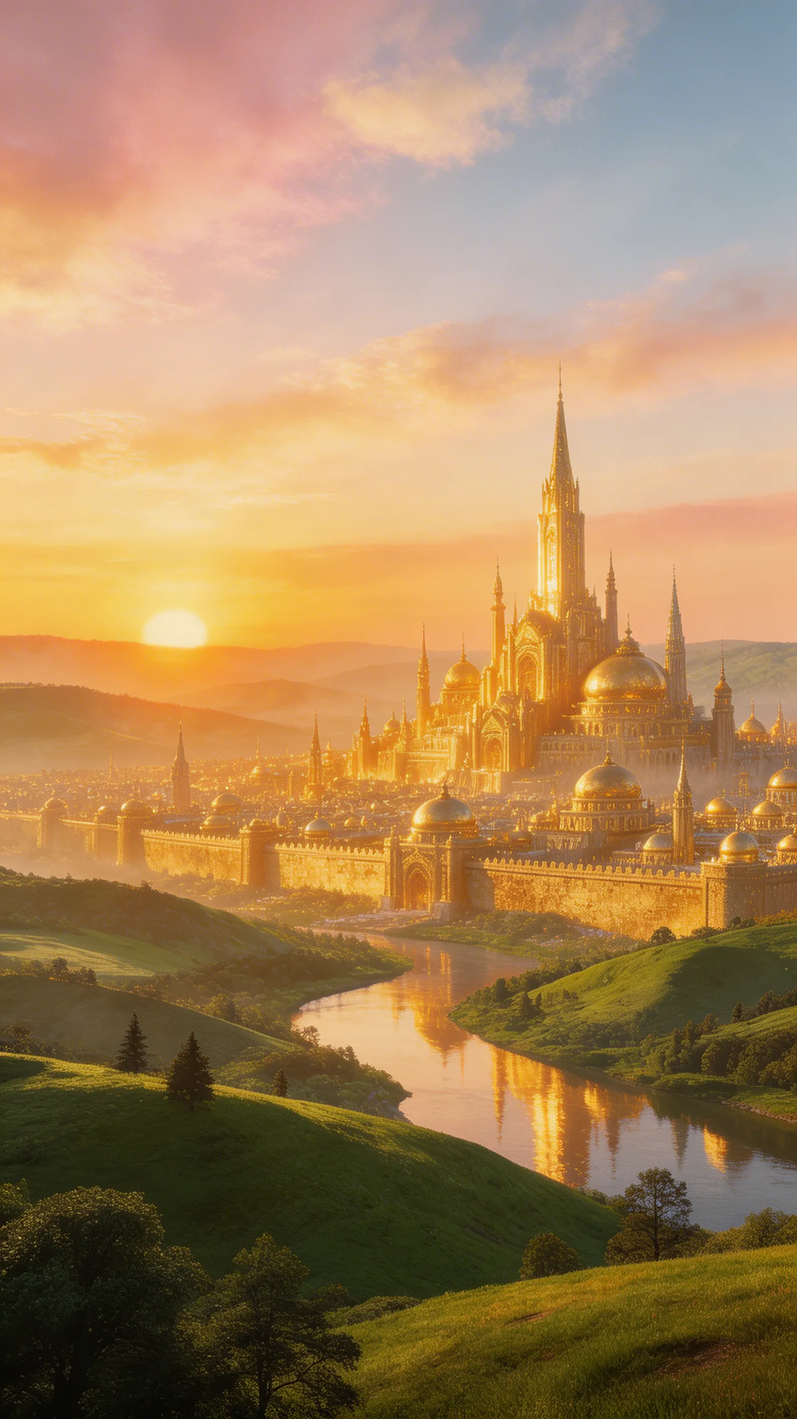 A sweeping epic fantasy landscape showing a massive shining golden city at sunrise.