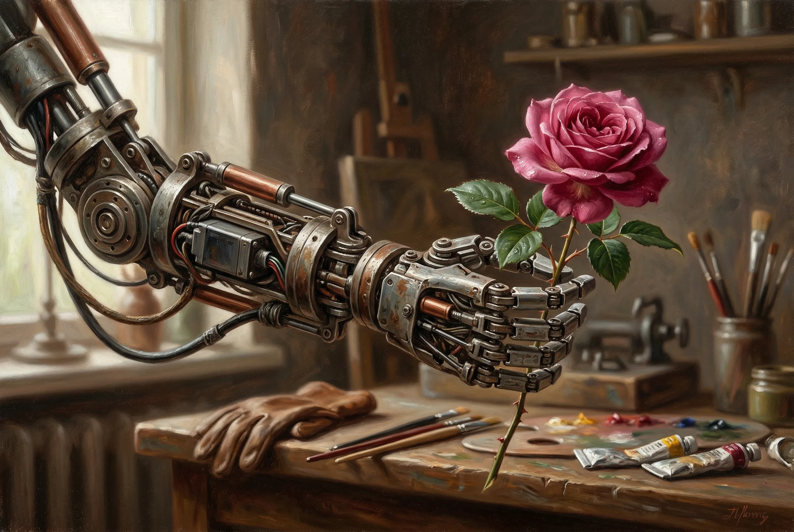 A realistic oil painting of an intricately designed robotic arm holding a delicate blooming rose.