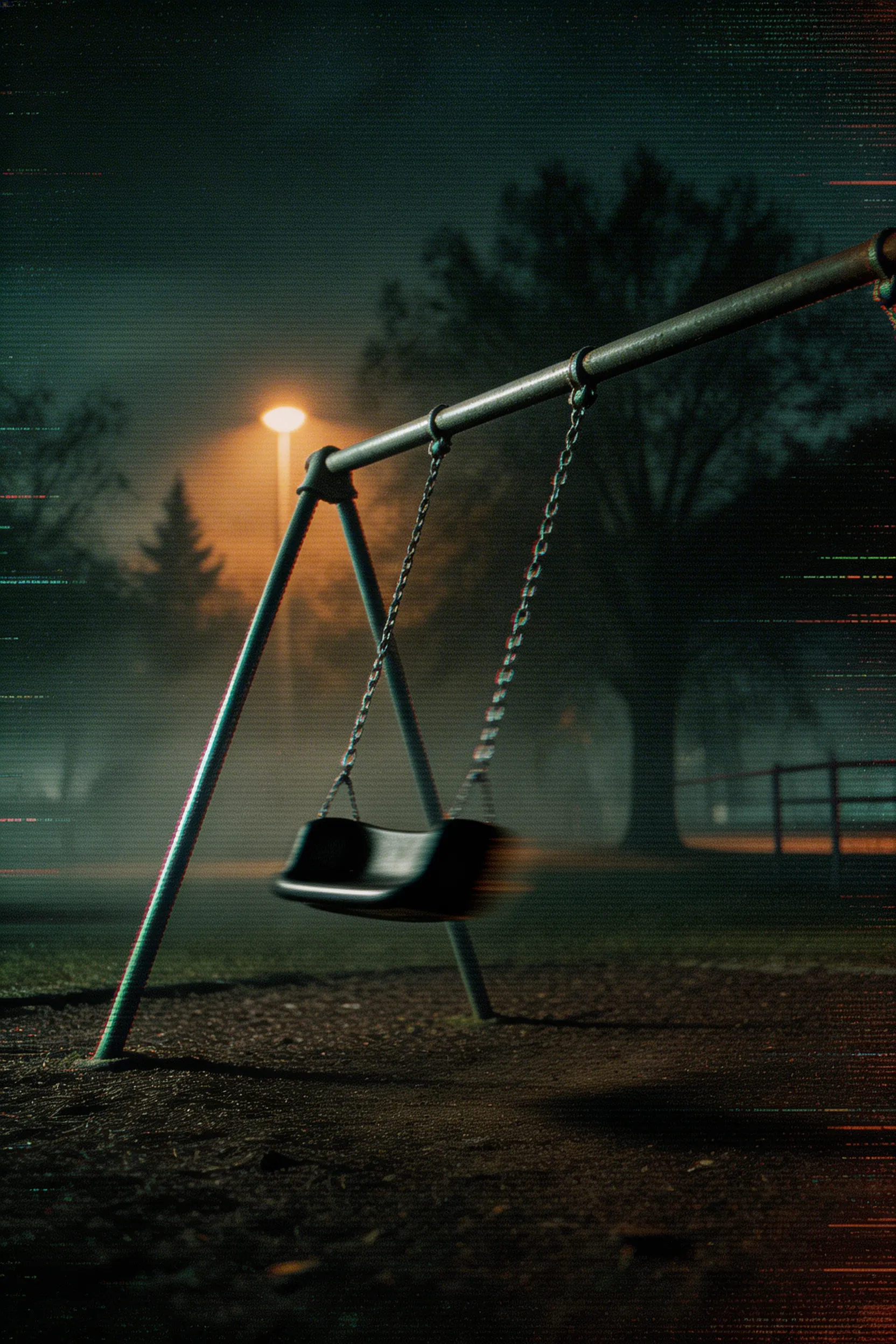 A spooky VHS aesthetic image of an empty playground swing swinging by itself at night.
