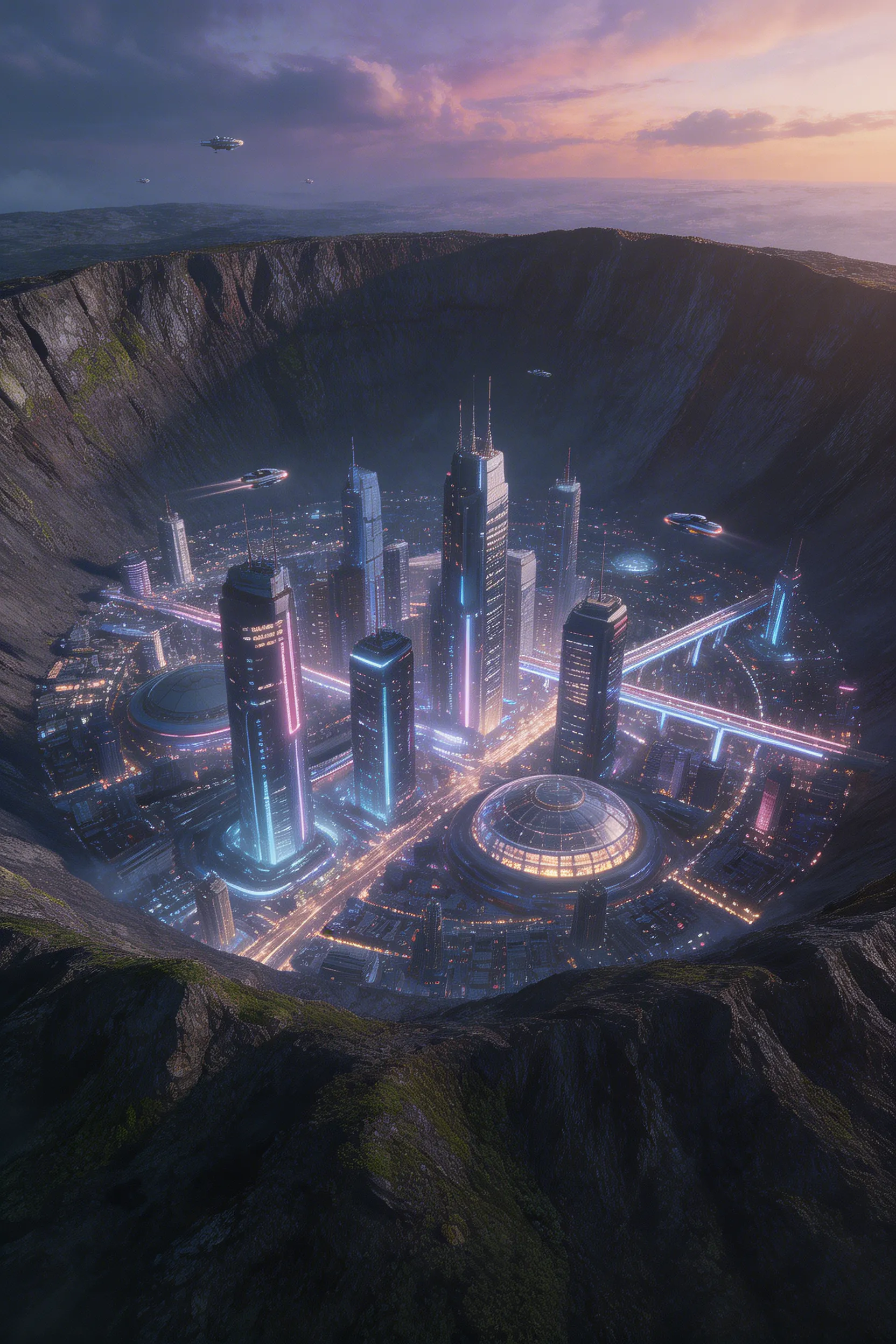 A breathtaking matte painting of a sci-fi metropolis built inside the crater of a dormant volcano.