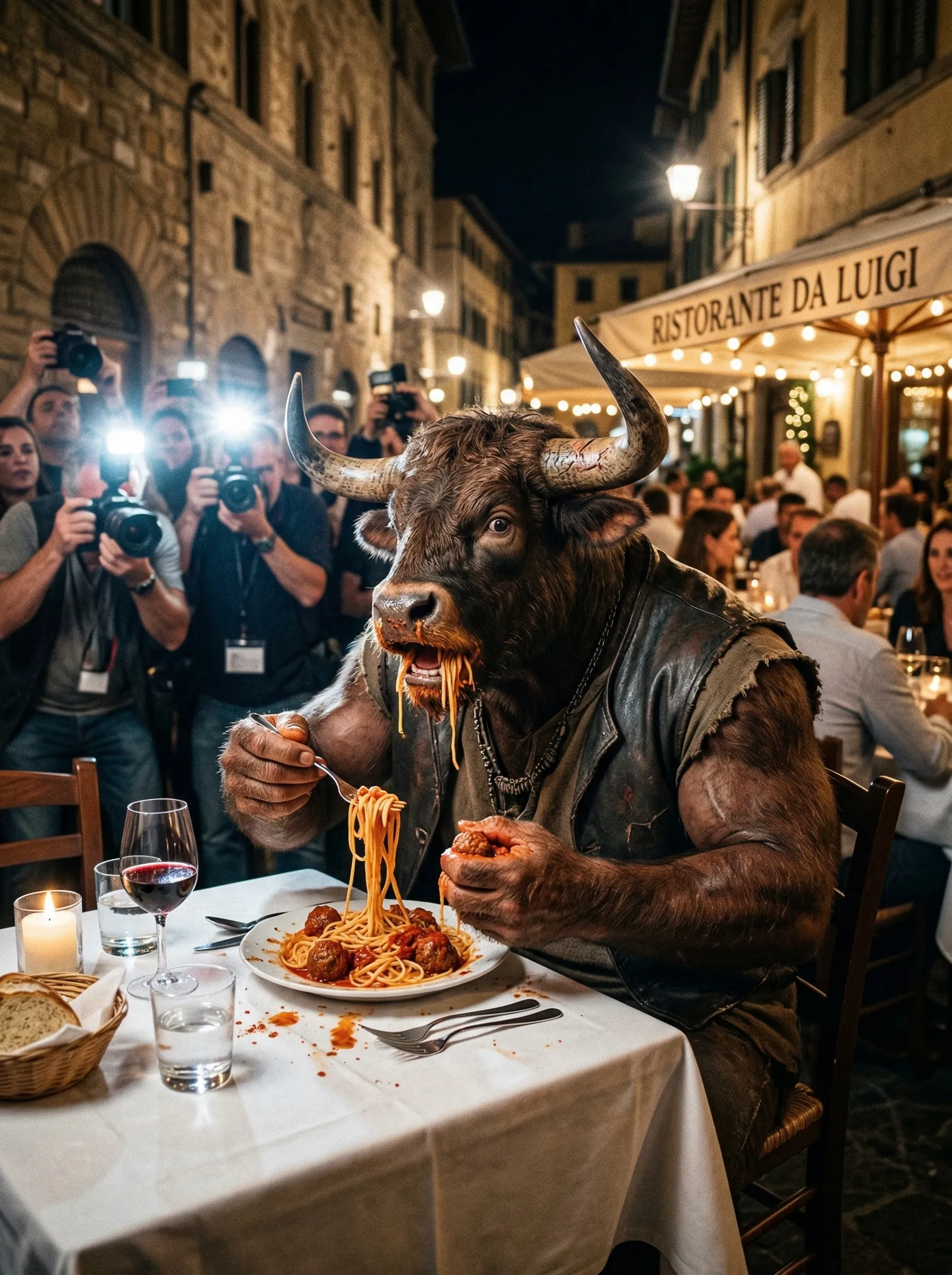 A candid paparazzi photo of a Minotaur eating spaghetti at an upscale Italian restaurant.
