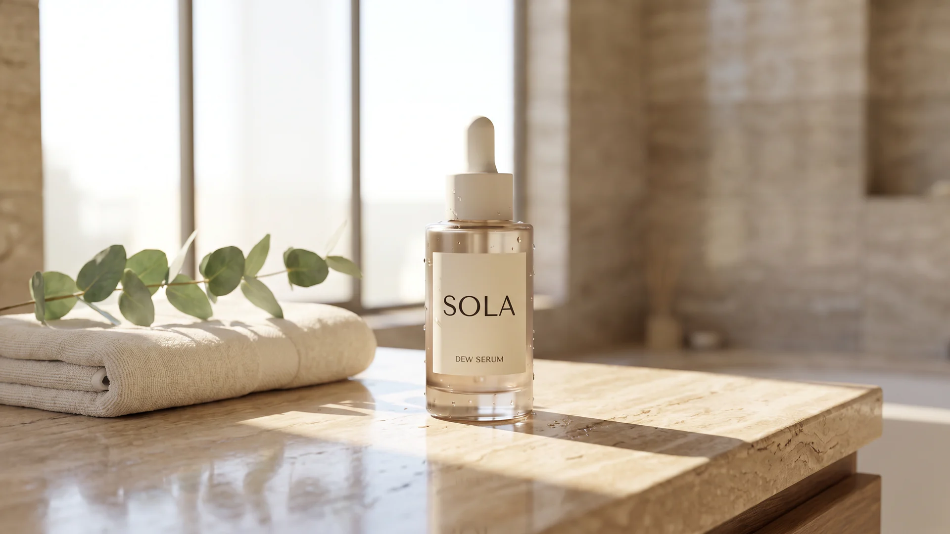 SOLA serum bottle staged for an ecommerce skincare campaign.