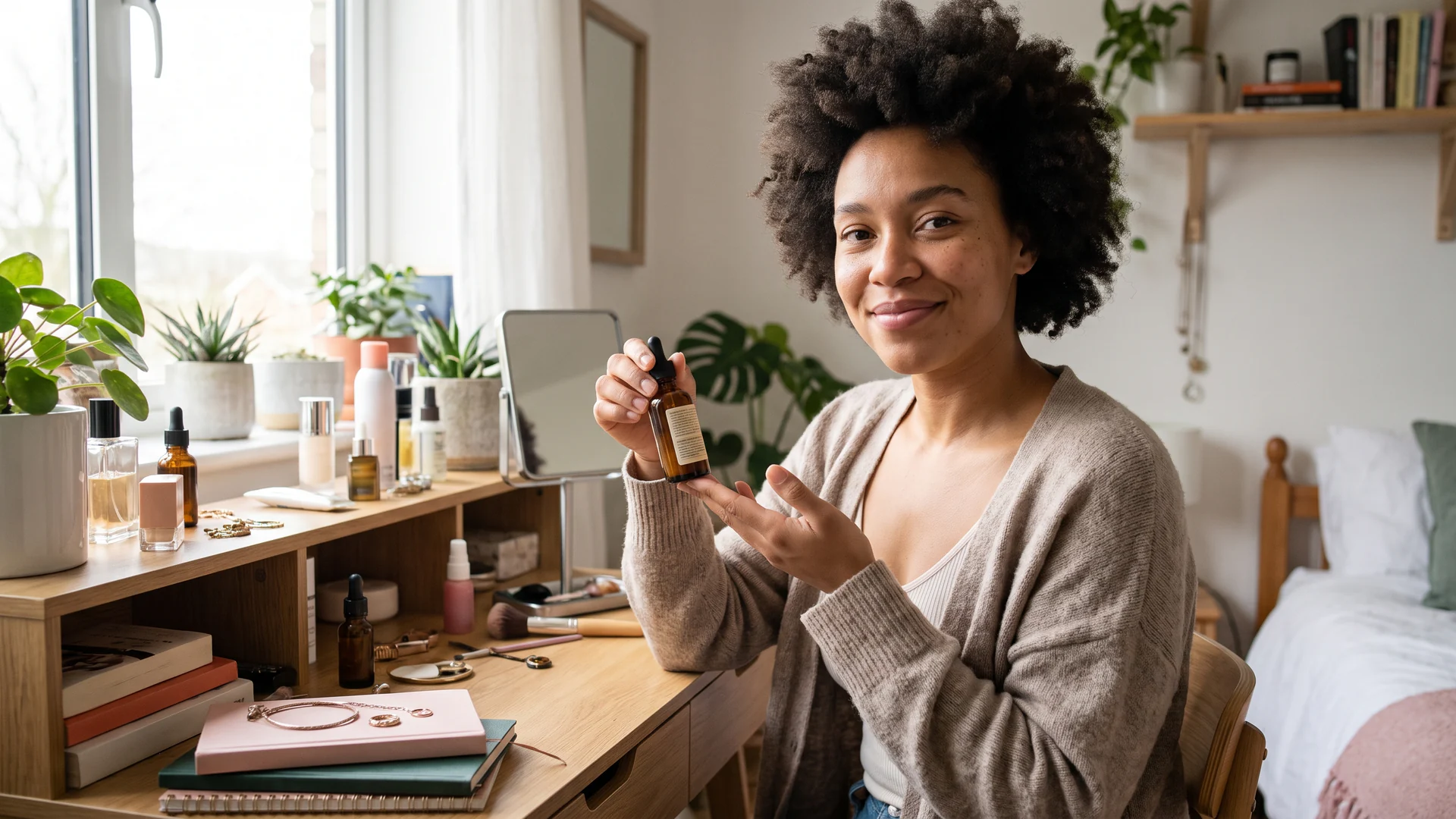 Creator demonstrating a skincare serum in a natural home setting.